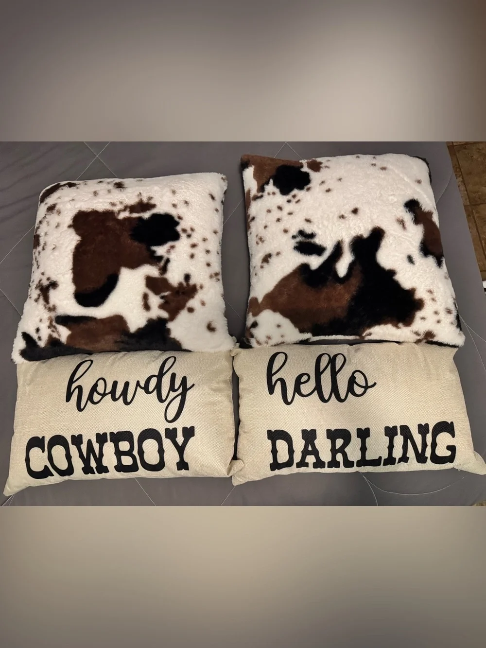 Set of 4 Decorative Throw Pillows - Cowhide Faux Fur & Script